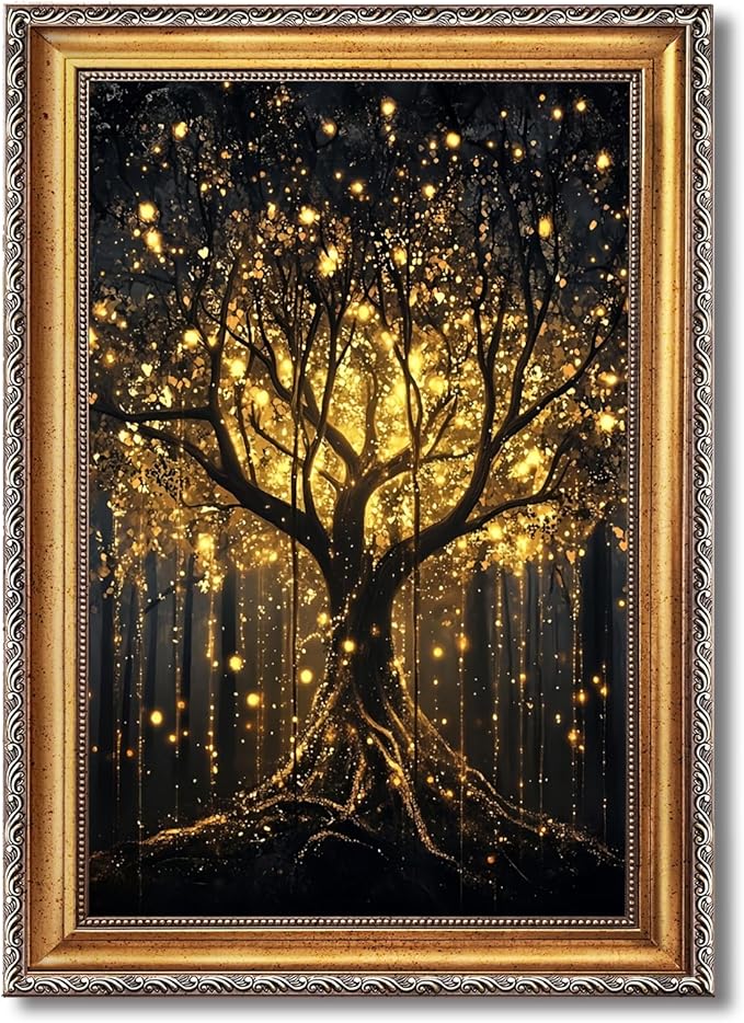 Balsuka Golden Tree of Life Wall Art Dark Academia Decor Poster Mystical Nature Forest Landscape Canvas Print Moody Botanical Enchanted Tree Painting for Living Room Bedroom 24x36inch Vintage Framed