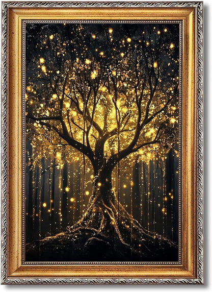 Balsuka Golden Tree of Life Wall Art Dark Academia Decor Poster Mystical Nature Forest Landscape Canvas Print Moody Botanical Enchanted Tree Painting for Living Room Bedroom 24x36inch Vintage Framed