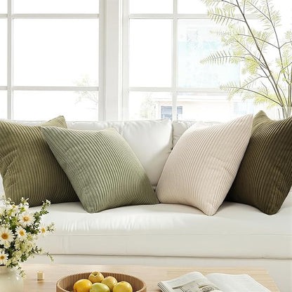 Topfinel Boho Farmhouse Green White Throw Pillow Covers 16x16 Inch Set of 4 Mordern Nordic Cushion Covers Soft Corduroy Spring Home Decor for Couch Bed Sofa Living Room Forest Green