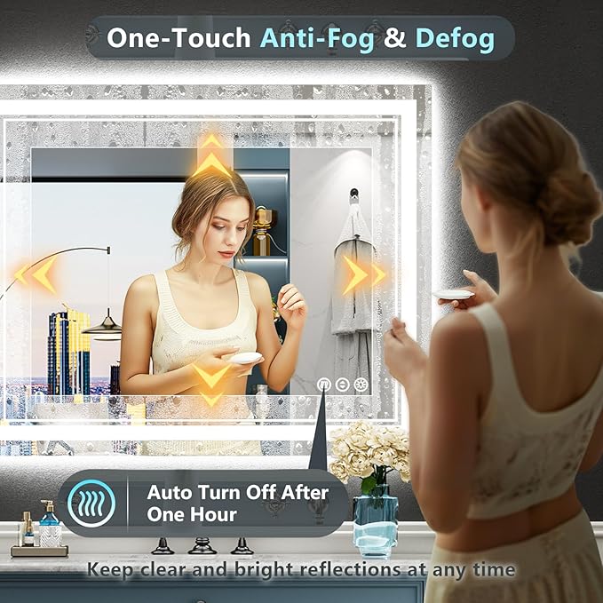 44x36 LED Bathroom Mirror with Lights, Backlit and Front Lit Anti-Fog Lighted Vanity Mirrors for Bathroom Wall, Dimmable, 3-Color Light, Memory, Shatter-Proof, HD Tempered Glass, CRI＞90