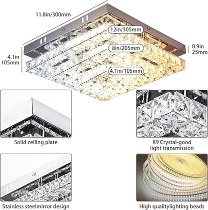Crystal Chandeliers Crystal LED Ceiling Light 11.8" Square Flush Mount Modern Chandelier Ceiling Lights Fixtures for Bedroom Dining Room Hallway Dimmable by Remote Control