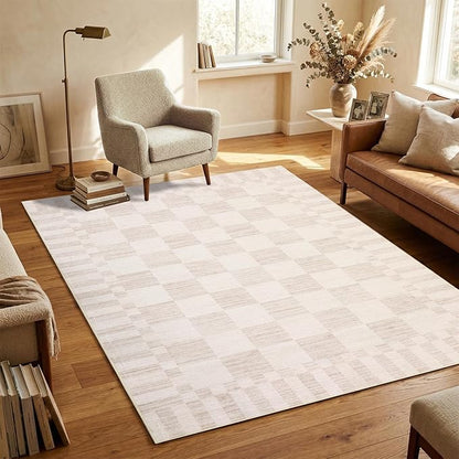 GarveeHome Beige Checkered Rug,Washable 3x5 Rug Non Slip for Entryway,Modern Soft Low-Pile,Neutral Farmhouse Geometric Checkerboard Rug,Small Area Rugs for Bedroom Kitchen Dining Room