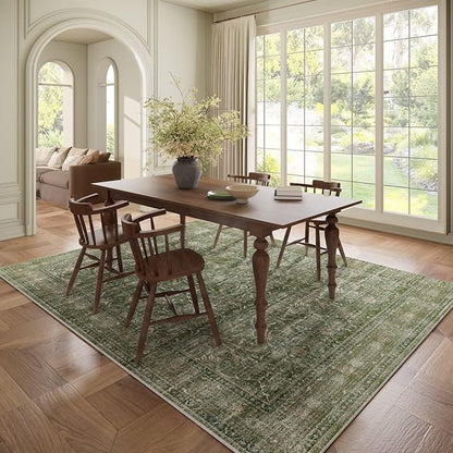 Washable 6x9 Area Rugs for Living Room, Boho Non-Slip Vintage Distress Large Rugs for Bedroom Dining Room Nursery Office, 0.3" Neutral Oriental Throw Thin Carpet, Grass Green/Multi, D1
