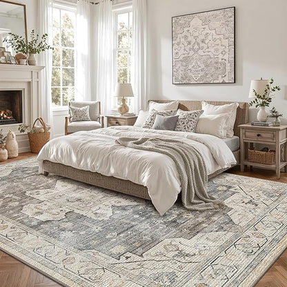 LUMI 5x8 Washable Area Rug for Living Room, Ultra Soft Vintage Rug with TPE Non Slip Backing, Stain Resistant, Low Profile Carpet High Traffic for Bedroom, Dining Room