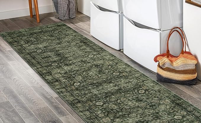 Morebes Washable Dark Green Runner Rug 2.5x8, Vintage Boho Runners for Hallways Non Slip, Soft Floral Indoor Floor Throw Carpet for Kitchen Laundry Room Bedroom Bathroom Living Entryway