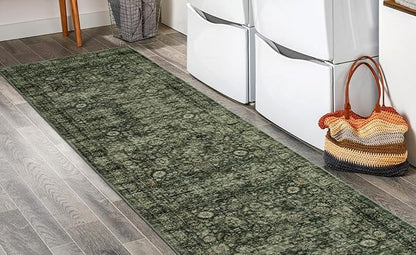 Morebes Washable Dark Green Runner Rug 2.5x8, Vintage Boho Runners for Hallways Non Slip, Soft Floral Indoor Floor Throw Carpet for Kitchen Laundry Room Bedroom Bathroom Living Entryway