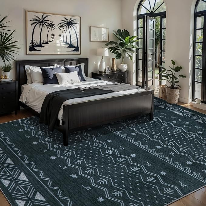 SERISSA 6x9 Area Rugs for Living Room, Washable Non-Slip Grey Boho Rug, Soft Low-Pile Geometric Indoor Large Carpet for Dining Room Bedroom Home Office Playroom