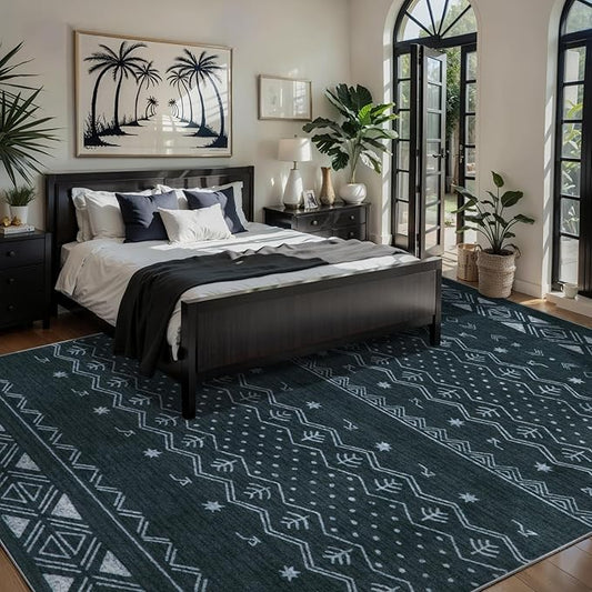 SERISSA 6x9 Area Rugs for Living Room, Washable Non-Slip Grey Boho Rug, Soft Low-Pile Geometric Indoor Large Carpet for Dining Room Bedroom Home Office Playroom