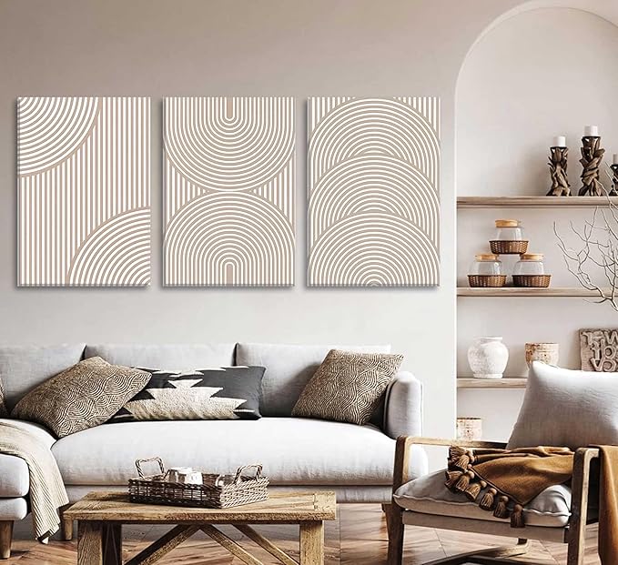 3Pcs Beige Neutral Canvas Wall Art Boho Minimalist Line Paintings Abstract Beige and White Line Wall Decor Mid Century Geometric Posters Prints for Living Room Bedroom Office Art Pictures Framed