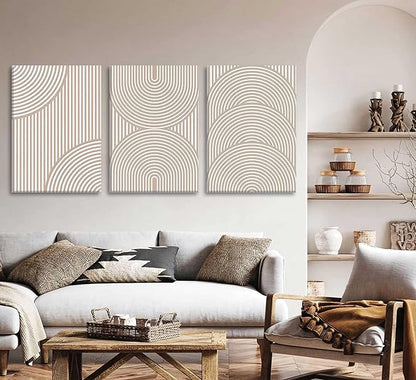 3Pcs Beige Neutral Canvas Wall Art Boho Minimalist Line Paintings Abstract Beige and White Line Wall Decor Mid Century Geometric Posters Prints for Living Room Bedroom Office Art Pictures Framed