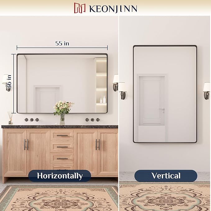 Keonjinn Black Bathroom Mirror 55 x 36 Inch Large Rounded Rectangle Mirror for Bathroom Sink, Matte Black Farmhouse Vanity Mirror, Anti-Rust, HD Tempered Glass, Sandblasted Finish(Horizontal/Vertical)