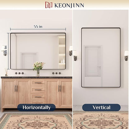 Keonjinn Black Bathroom Mirror 55 x 36 Inch Large Rounded Rectangle Mirror for Bathroom Sink, Matte Black Farmhouse Vanity Mirror, Anti-Rust, HD Tempered Glass, Sandblasted Finish(Horizontal/Vertical)