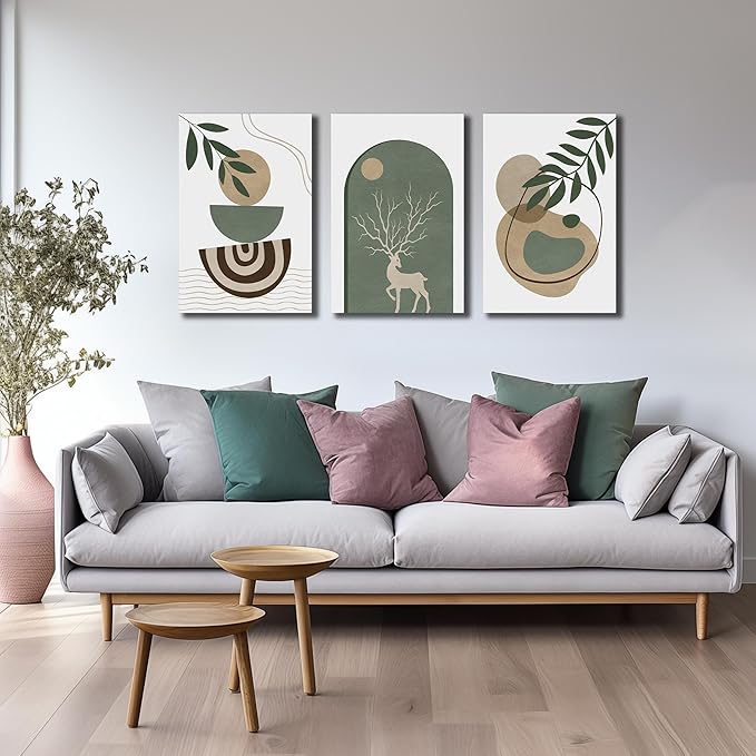 Boho Sun Canvas Wall Art Set of 3, Neutral Abstract Minimalismt Bohemian Geometric & Botanical Plants Pictures Prints Artwork Paintings Wall Decor for Bedroom Living Room Home Decoration 16x24 inches