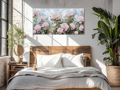 Ardemy Flower Wall Art Canvas Art Wall Decor, Floral Painting Textured Picture Living Room, Pink Rose Artwork Framed for Bedroom Kitchen Dining Room Home Office Decor Extra Large 58"x29"