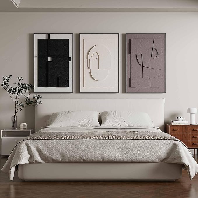 3D Textured Abstract Wall Art for Bedroom, 3 Piece Modern Neutral Framed Sculpture Artwork, Minimalist Earth Tone Geometric Cubist Paintings for Home Dining Diningroom, 16x24 Inch