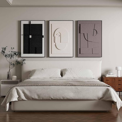 3D Textured Abstract Wall Art for Bedroom, 3 Piece Modern Neutral Framed Sculpture Artwork, Minimalist Earth Tone Geometric Cubist Paintings for Home Dining Diningroom, 16x24 Inch