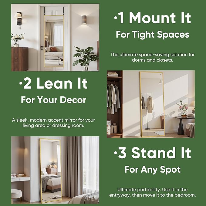 Suidia Full Length Mirror Over the Door&Wall Mounted, 48"x14" Door Mirror with Aluminum Alloy Frame, HD Shatterproof, No-Drill, Hanging Mirrors for Bedroom, Bathroom, Dorm, Closet, Rect, Gold