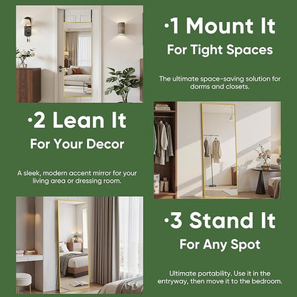 Suidia Full Length Mirror Over the Door&Wall Mounted, 48"x14" Door Mirror with Aluminum Alloy Frame, HD Shatterproof, No-Drill, Hanging Mirrors for Bedroom, Bathroom, Dorm, Closet, Rect, Gold