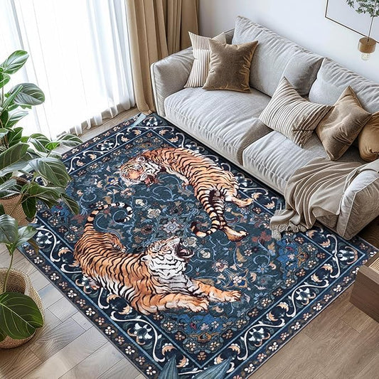 Tiger Washable Area Rugs 5x7Ft, Boho Jungle Living Room Rugs, Soft Botanical Animal Print Bedroom Nursery Area Floor Carpets for Dining Room Dorm Study Kids Playroom Farmhouse Office, Blue