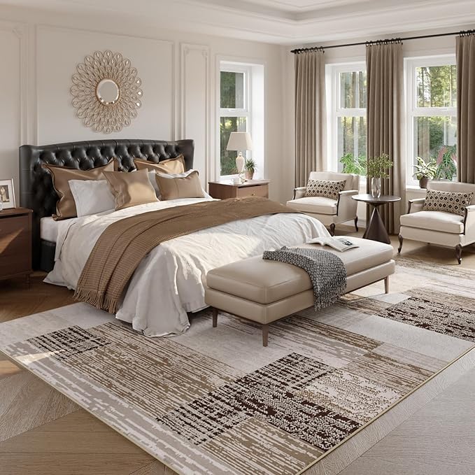 FlyDOIT Modern Geometric Patchwork Area Rug, 8x10 Beige Large Rugs for Living Room, Rockwood Collection Indoor Rugs for Bedroom, Throw Carpet Floor Decor for Entryway Dining Room Office Nursery