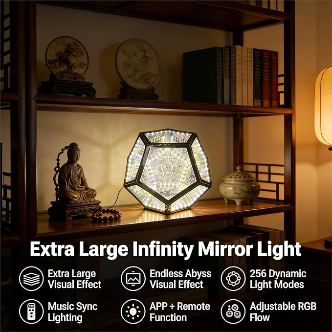 Extra Large Infinity Dodecahedron Light, 3D Infinity Mirror Light RGBW Color Changing, Music Sync, USB powered Night Lighting for Gaming Room Desk Decor, Birthday Christmas Gift for Men Boys Gamers