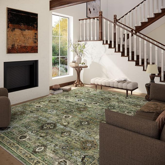 Washable Area Rugs for Living Room: 9x12 Rug Boho Vintage Rugs Stain Resistant Non Slip Low Pile Lightweight Soft Carpets for Bedroom Kitchen Dining Room Nursery Kids Room Farmhouse Home Office