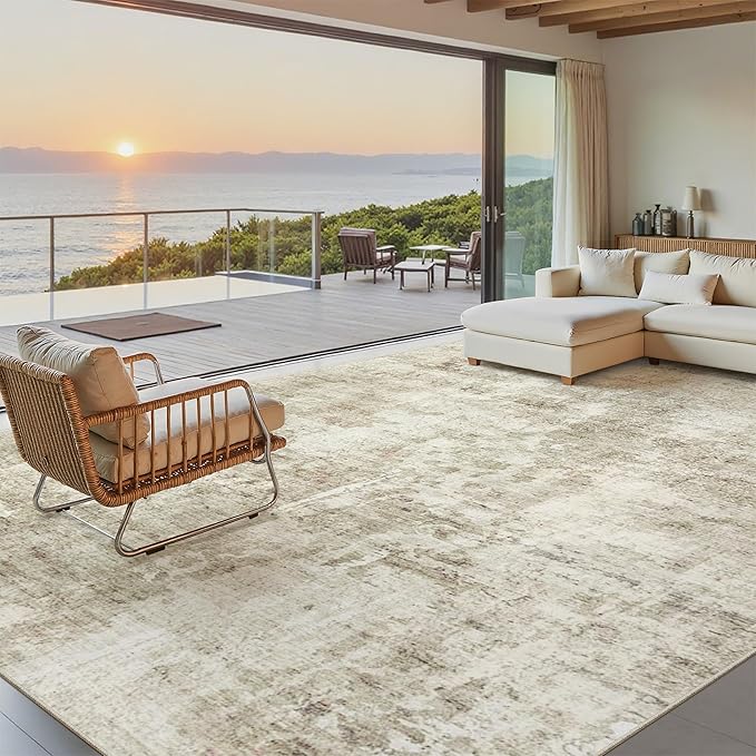 Soalmost Washable Area Rug 8x12, Large Soft Rugs for Living Room Vintage Beige Gray Carpet 8x12 Area Rugs for Bedroom Dining Room Non-Slip Stain Resistant Under Table Rug
