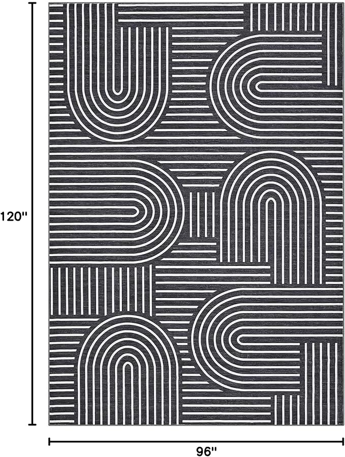 ROYHOME Washable Rug 8x10 Area Rugs for Living Room, Abstract Rug for Bedroom, Soft Rainbow Non Slip Throw Rugs with Rubber Back, Low Pile Stain Resistant Boho Geometric Carpet for Dining Room, Black