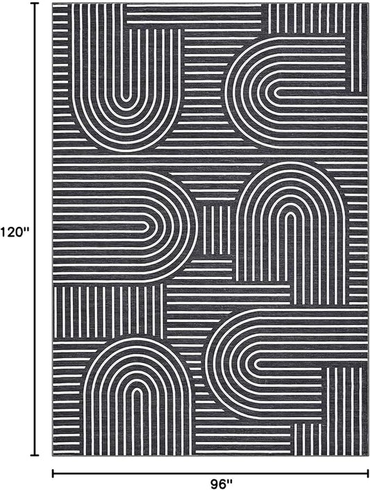 ROYHOME Washable Rug 8x10 Area Rugs for Living Room, Abstract Rug for Bedroom, Soft Rainbow Non Slip Throw Rugs with Rubber Back, Low Pile Stain Resistant Boho Geometric Carpet for Dining Room, Black