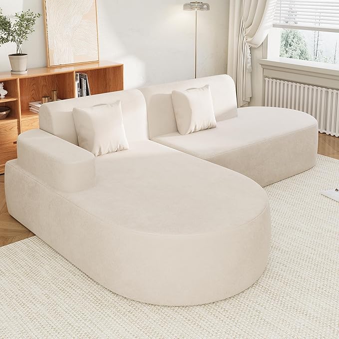 MELLCOM Modern Curved Boneless Sofa Couch, L-Shaped Corner Sofa, No Assembly Needed, Chenille Upholstered Cloud Sectional Couch for Living Room, Bedroom and Apartment (Beige, Left Hand Facing)