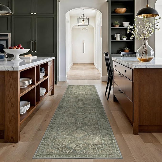 GENIMO Runner Rug 2x8 Non Slip Machine Washable Hallway Runner Rug, Low Pile Lightweight Rugs for Entryway, Hallway, Kitchen and Corridor, Sage/Blue