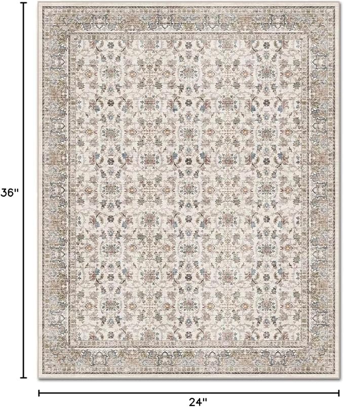 Washable 2x3 Entryway Rug, Boho Non-Slip Door Mat Vintage Distress Small Rugs for Kitchen Nursery Office Bedroom, 0.3" Neutral Oriental Throw Carpet with Cushioning Pad, Cream/Blue/Orange/Multi,A2