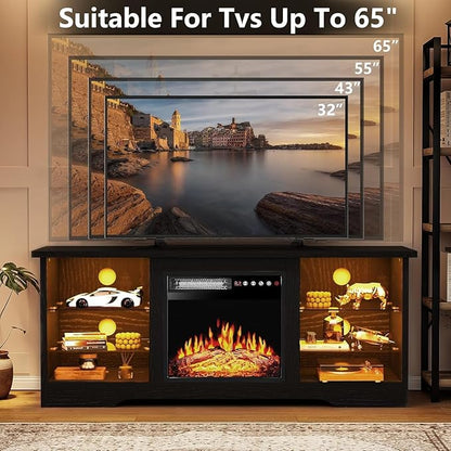 TAVATA 58" Fireplace TV Stand with 18" Fireplace, Modern Led Entertainment Center for TVs up to 65 inch, Media Console for Living Room with Storage Cabinets and Adjustable Glass Shelves (Black)