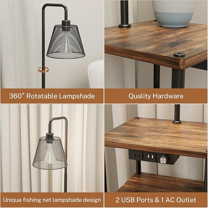 Floor Lamp with Table, Side Table with USB Charging Port and Outlet, Modern Bedside Nightstand End Table with Floor Light for Living Room, Bedroom, Guest Room, Bulb Included, 2 Pack