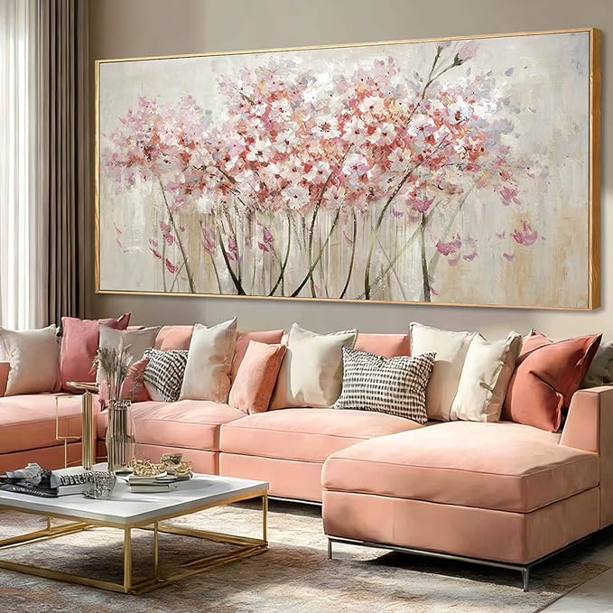 YJYart Floral Wood Wall Art Landscape Photo Prints Pink and White Canvas Poster 40"x86" Office Wall Decorations Picture for Bedroom