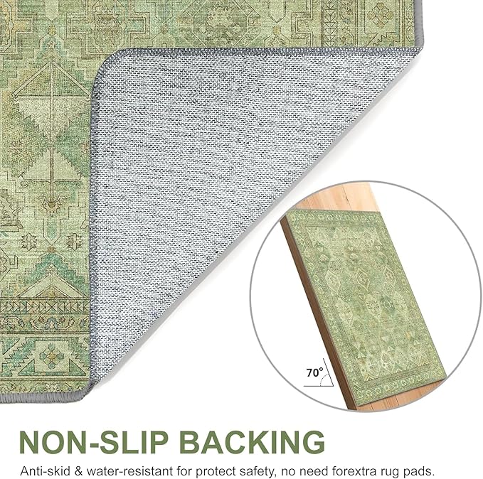 Bavni Washable Rug 8x10 Area Rug for Living Room Bedroom Dining, Washable Vintage Print Carpet, Ultra-Thin Chenille Low Pile Lightweight Rug with Non Slip Backing, Light Green