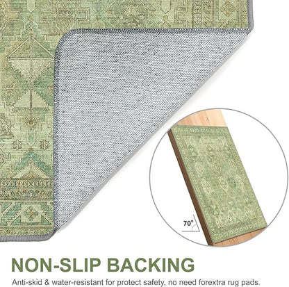 Bavni Washable Rug 9x12 Area Rug for Living Room Bedroom Dining, Washable Vintage Print Carpet, Ultra-Thin Chenille Low Pile Lightweight Rug with Non Slip Backing, Light Green