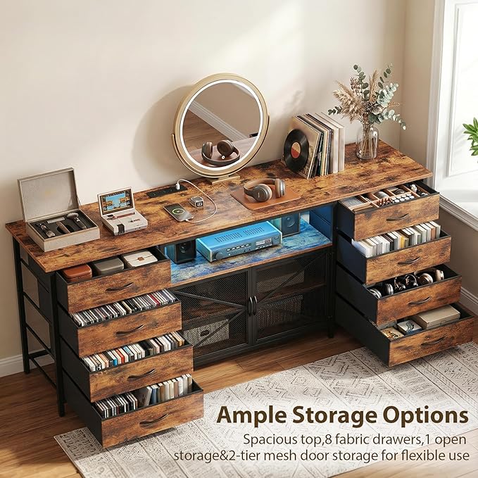 RALGEND Farmhouse TV Stand for 40/50/55 Inch TV, Small Entertainment Center with Storage Cabinets, Power Outlet & LED Light, Media Console Table with 8 Drawers for Living Room, Rustic Brown