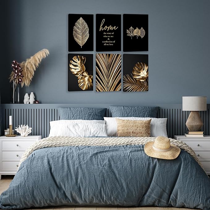 HoozGee Framed Leaf Canvas Wall Art Prints Modern Black and Gold Botanical Tropical Plant Leaf Wall Decor Built-in Wooden Frame Gallery Wall Art Poster for Bedroom Bathroom (16"x24" FRAMED)