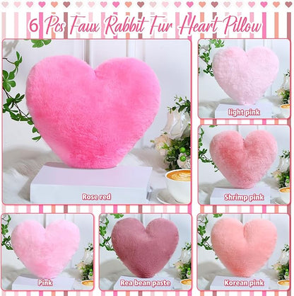 Liliful 6 Pcs Faux Rabbit Fur Heart Pillows Fluffy Heart Throw Pillows Cute Couch Cushion Soft Decorative Throw Cushion for Bed Sofa Girls Women(12 x 11 Inch,Pink Series)