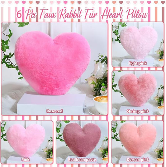 Liliful 6 Pcs Faux Rabbit Fur Heart Pillows Fluffy Heart Throw Pillows Cute Couch Cushion Soft Decorative Throw Cushion for Bed Sofa Girls Women(12 x 11 Inch,Pink Series)