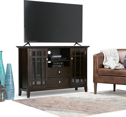 SIMPLIHOME Bedford TV Stand - 53 inch Wide Solid Wood Tall Media Console in Dark Tobacco Brown, Transitional Entertainment Center for Living Room for TVs up to 60 Inches with Cable Management