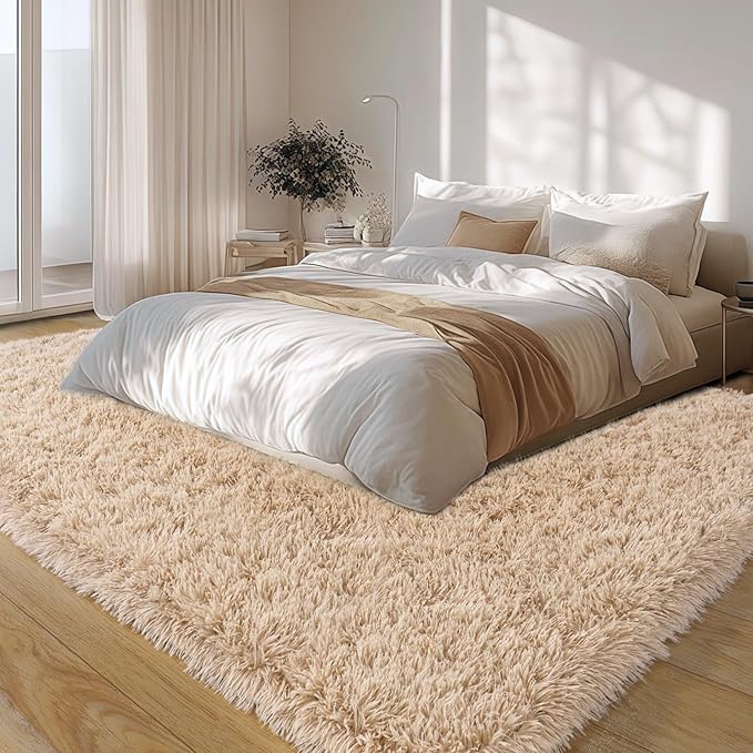 6x9 Large Area Rugs for Living Room, Beige Fluffy Shag Rug for Bedroom and Nursery, Soft and Comfy, Big Neutral Carpet for Kids, Girls, Boys Room Dorm Home Decor Aesthetic, Upgrade Non Slip