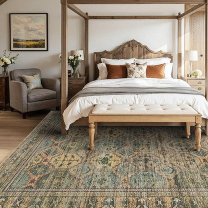 Rugxara 8x10 Area Rugs for Living Room Bedroom, Large Washable Rug, Brown Vintage Retro Boho Rug, Non Slip & Low Pile Faux Wool Thin Carpet for Indoor Dining Room and Kids Room(Brown 8x10ft)