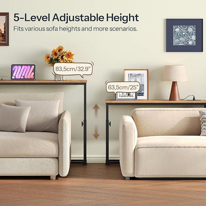 HOOBRO Narrow Console Table Set of 2 with Charging Station, Adjustable Height Sofa Table (25''-32.9''), Slim Behind Couch Table for Small Spaces, Entryway, Living Room, 78.8" Rustic Brown BF95UXGP201