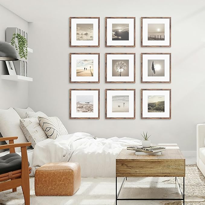 12x12 Picture Frame Sef of 10, Display Pictures 8x8 with Mat or 12 x 12 Without Mat, Photo Frame Collage for Wall Gallery Decor, Wall Mounted, Brown