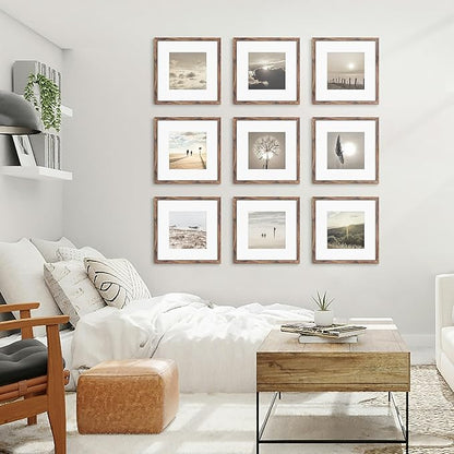 12x12 Picture Frame Sef of 10, Display Pictures 8x8 with Mat or 12 x 12 Without Mat, Photo Frame Collage for Wall Gallery Decor, Wall Mounted, Brown