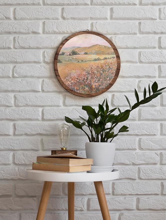 Vintage Spring Floral Field Landscape Hanging Wall Art, Meadow Flowers Vintage Round Wooden Wall Decor, Flower Field Scene Western Boho Decorations for Home Living Room Bedroom Bathroom Office, 18