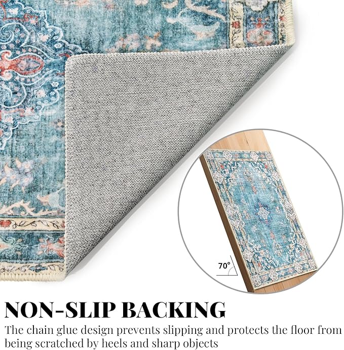 MUJOO Teal Runner Rug 2'x6', Long Washable Rug Runners for Hallways Entryway Kitchen Bathroom Bedside,Boho Vintage Bohemian Distressed Farmhouse Non Slip Carpet,Floral