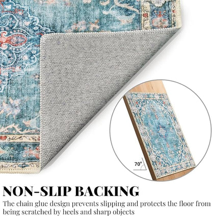 MUJOO Teal Runner Rug 2'x6', Long Washable Rug Runners for Hallways Entryway Kitchen Bathroom Bedside,Boho Vintage Bohemian Distressed Farmhouse Non Slip Carpet,Floral